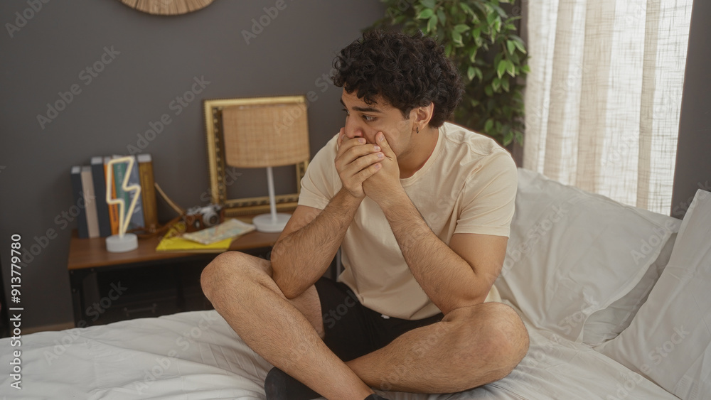 A young, attractive hispanic man sits pensively on his bed in a cozy, modern bedroom, illuminated by natural light streaming through the window. A young, attractive hispanic man sits pensively on his bed in a cozy, modern bedroom, illuminated by natural light streaming through the window.