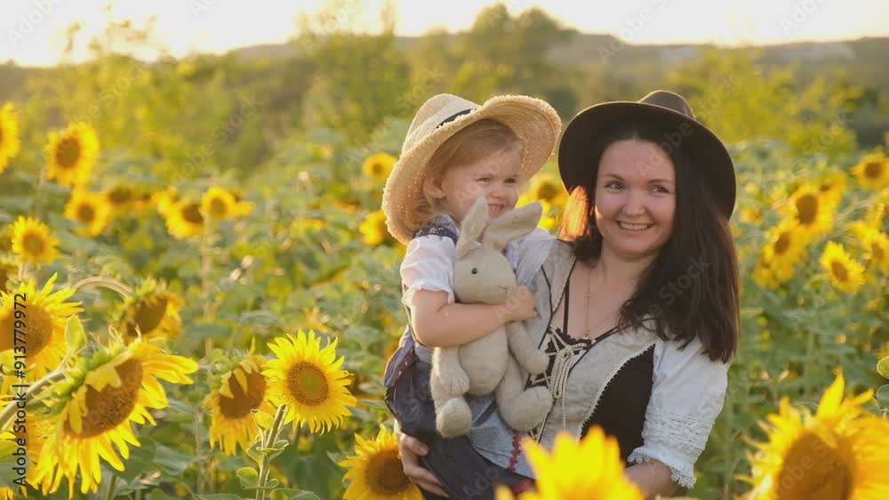 Little girl with her mother walking in a field of blooming sunflowers in summer. Raising happy children. Mother and daughter walking in a field of sunflowers. Little girl with her mother walking in a field of blooming sunflowers in summer. Raising happy children. Mother and daughter walking in a field of sunflowers.