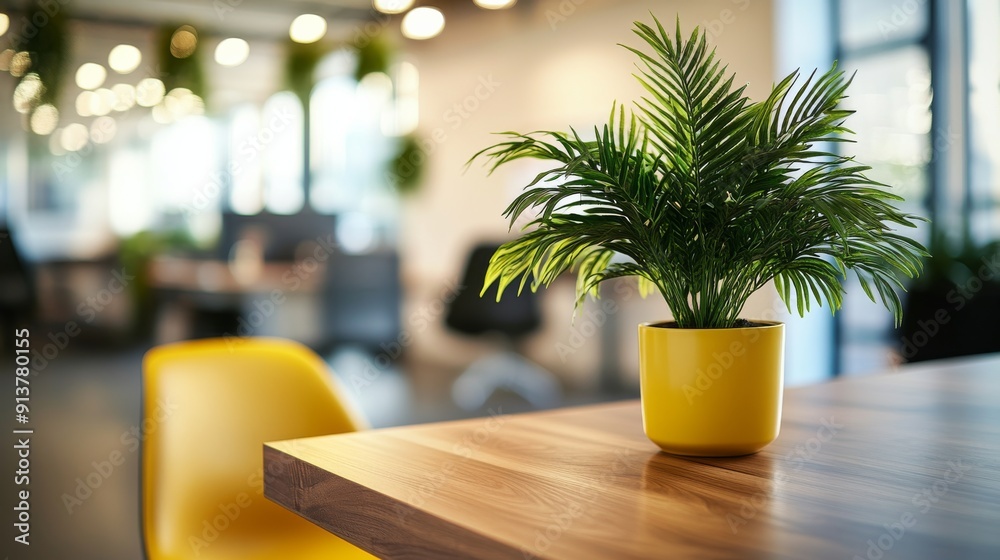 A vibrant office area showcases a wooden desk paired with a cheerful yellow chair and a lush green plant, creating a welcoming and productive atmosphere A vibrant office area showcases a wooden desk paired with a cheerful yellow chair and a lush green plant, creating a welcoming and productive atmosphere