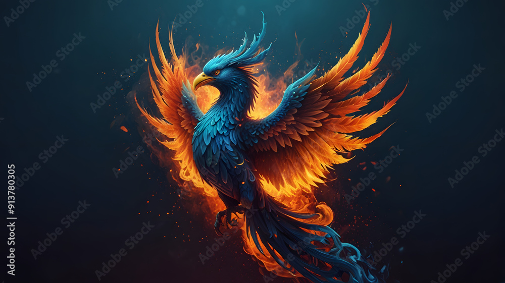Fire colorful phoenix concept Fire phoenix concept phoenix glowing with fire radiance, blue smoke