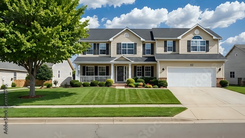 Two-story house with white garage door, front yard with green grass and a tree.