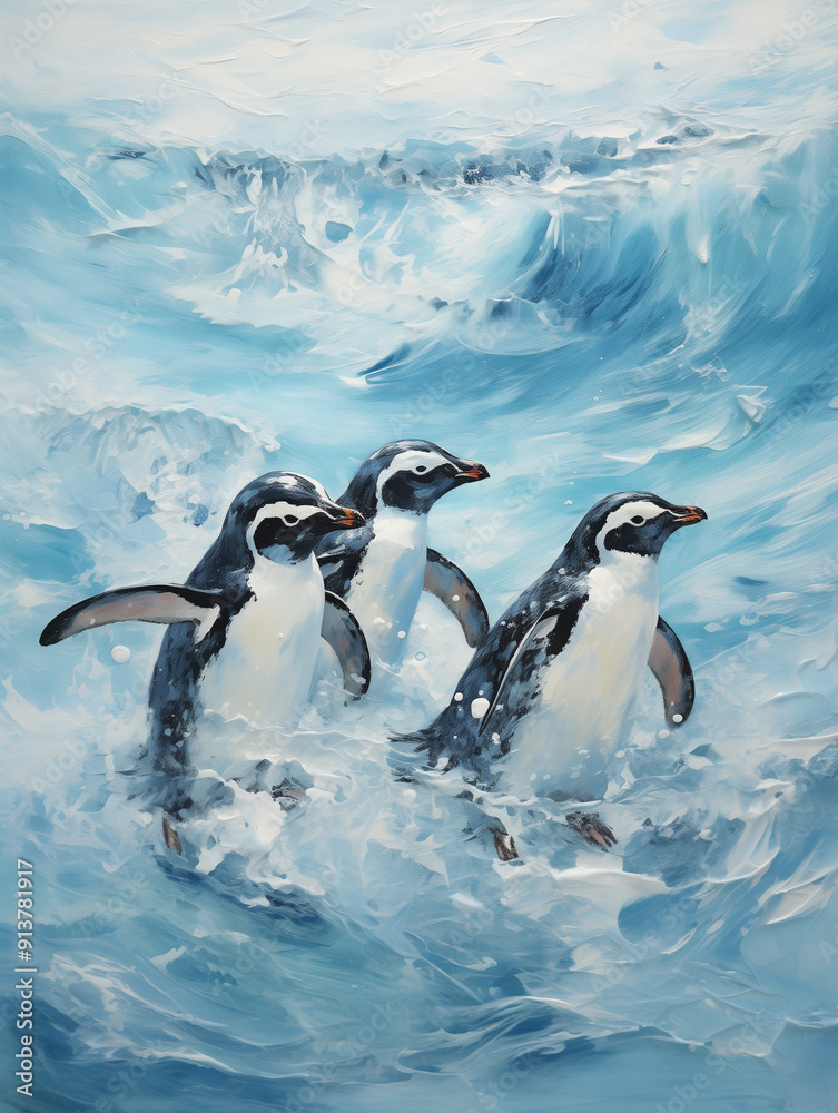 Obraz premium Penguins in Ocean Waves, Watercolor Style, Blue and White, Marine Life