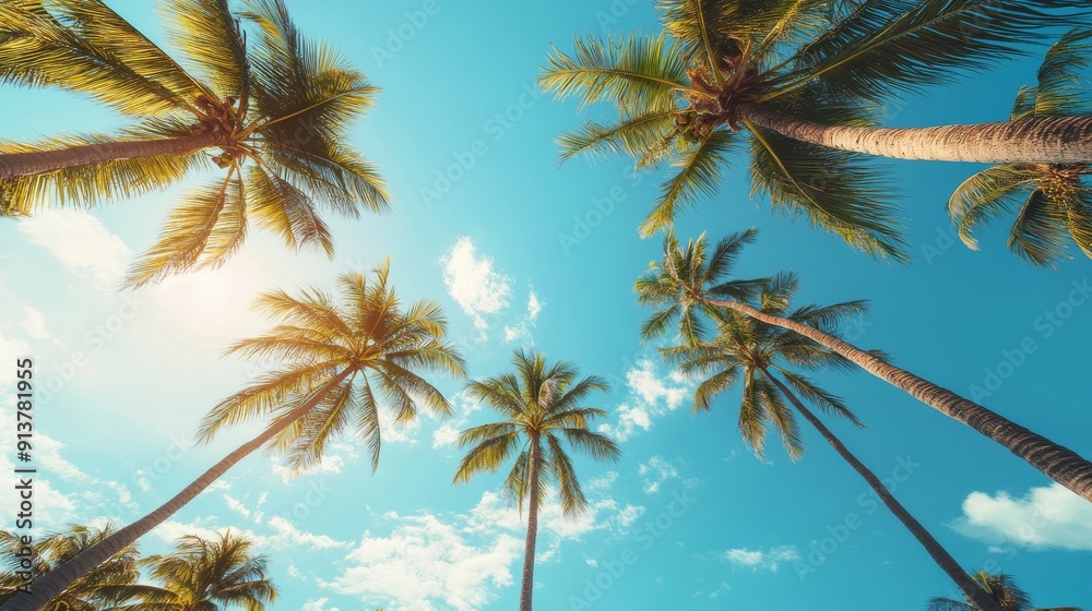 Bright palm trees stretch skyward under a vibrant blue sky, capturing the essence of a sunny tropical beach day Bright palm trees stretch skyward under a vibrant blue sky, capturing the essence of a sunny tropical beach day