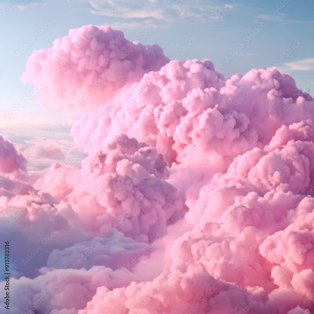 Vibrant video capturing breathtaking view of pink clouds filling sky, with clear blue expanse visible in background. Clouds resemble cotton candy, creating dreamy and ethereal atmosphere. Vibrant video capturing breathtaking view of pink clouds filling sky, with clear blue expanse visible in background. Clouds resemble cotton candy, creating dreamy and ethereal atmosphere.