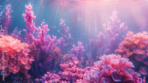 corals and seaweed in foreground, sunlight streams through water