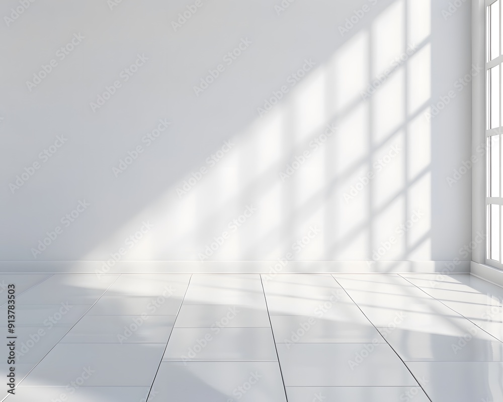 A bright white room with light shining through the window, casting soft shadows on an empty wall. creating an abstract and minimalist background for product display or presentation A bright white room with light shining through the window, casting soft shadows on an empty wall. creating an abstract and minimalist background for product display or presentation