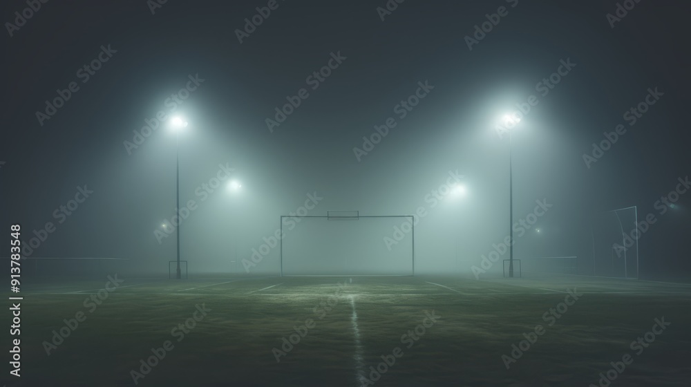 Foggy night sports oval with illuminated goal posts: eerie atmosphere of a fog-enveloped field capturing the serenity and stillness of a nighttime sports ground with distant glow from floodlights. Per Foggy night sports oval with illuminated goal posts: eerie atmosphere of a fog-enveloped field capturing the serenity and stillness of a nighttime sports ground with distant glow from floodlights. Per