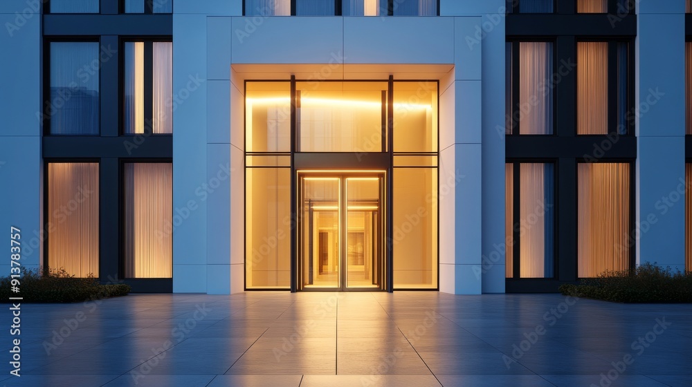 Facade of modern glass building with center entrance. Facade of modern glass building with center entrance.