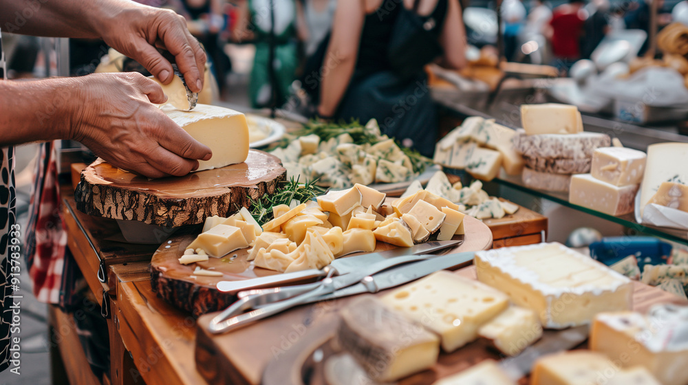 Fototapeta premium a cheese vendor offering samples at a market, with a variety of cheeses displayed on a wooden board and a backdrop of a busy market scene