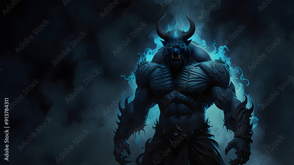 Fototapeta premium Otherworldly Infernal Beast: Demonic Fantasy Character with Blue Smoke on a Dark Background