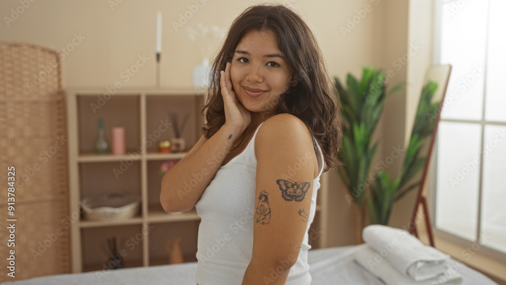 A young, attractive hispanic woman with tattoos smiles in a relaxing spa room, creating a welcoming atmosphere for self-care and wellness. A young, attractive hispanic woman with tattoos smiles in a relaxing spa room, creating a welcoming atmosphere for self-care and wellness.