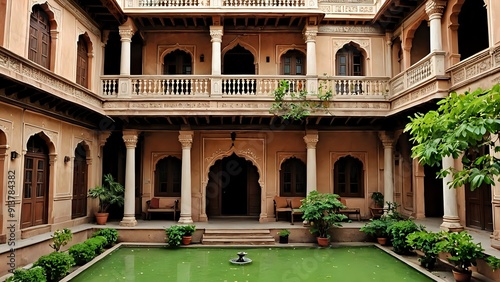 A traditional Indian courtyard with a small pond and fountain in the center, surrounded by columns and arches.