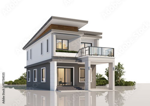 Architecture 3d rendering illustration of modern minimal house on white background