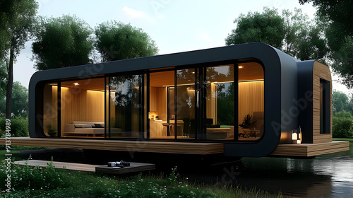 Modern Black and Wood Floating Home 3D Illustration