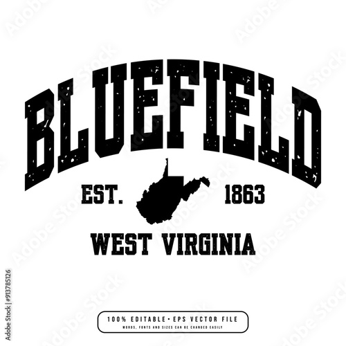 Bluefield text effect vector. Editable college t-shirt design printable text effect vector photo