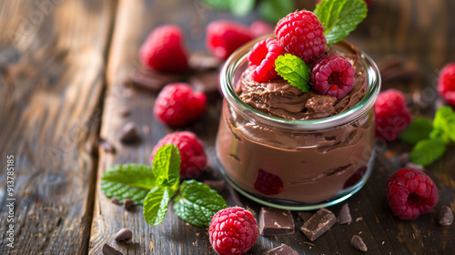 a creamy avocado chocolate mousse, topped with fresh raspberries and mint leaves, served in a small glass jar on a rustic wooden table