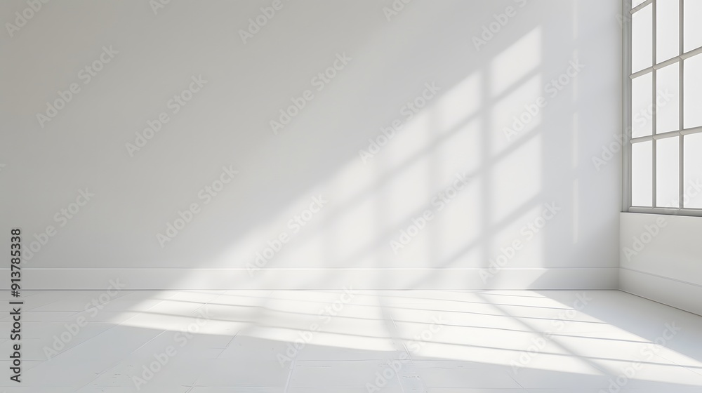 Fototapeta premium A bright white room with light shining through the window, casting soft shadows on an empty wall. creating an abstract and minimalist background for product display or presentation