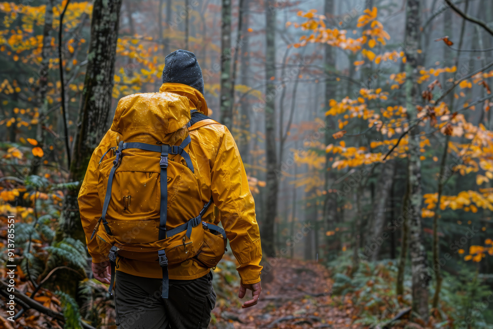 Hiker with a yellow rain jacket and backpack walking through a misty autumn forest, surrounded by vibrant orange leaves. Hiker with a yellow rain jacket and backpack walking through a misty autumn forest, surrounded by vibrant orange leaves.