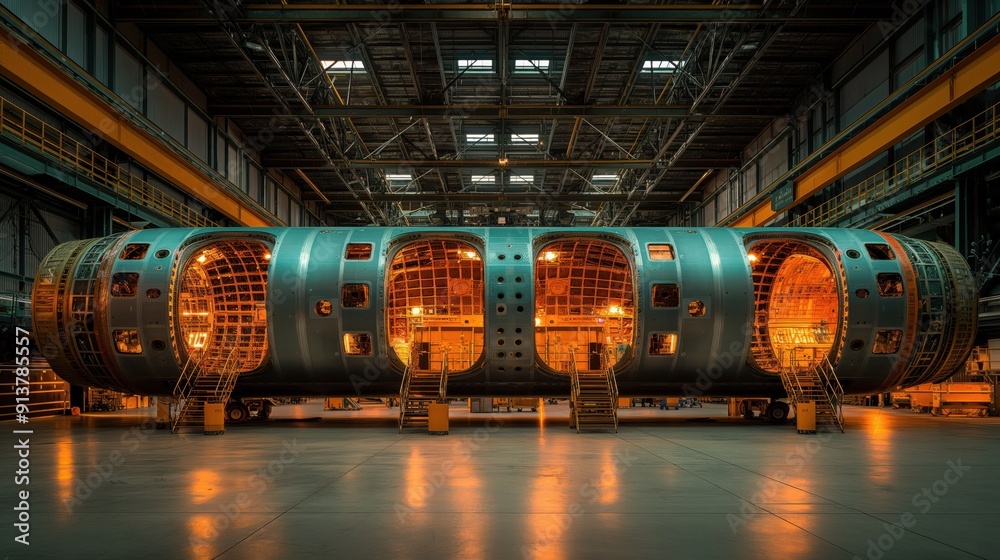 Large Aircraft Section Under Construction. Large section of an aircraft under construction in a factory, highlighting the complex structure of airplane manufacturing.