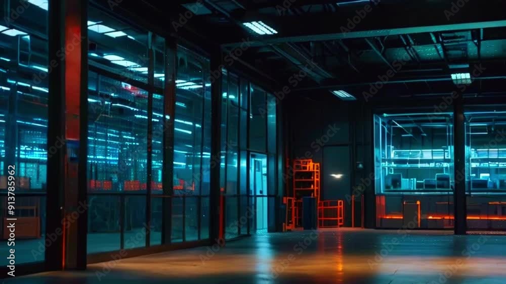 Empty industrial warehouse interior with glass walls, fluorescent ...