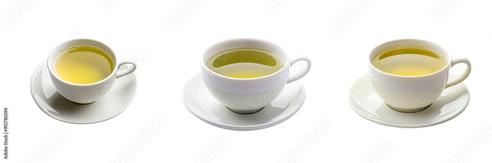 Set of A minimalist white teacup and saucer set with a perfectly brewed cup of green tea isolated on transparent background (3) Set of A minimalist white teacup and saucer set with a perfectly brewed cup of green tea isolated on transparent background (3)