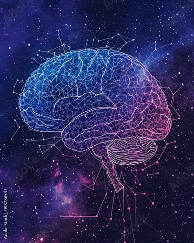 A minimalistic yet powerful image showcasing a human brain morphing into a constellation of interconnected constellations. The intricate details of neural connections are highlighted against a cosmic 