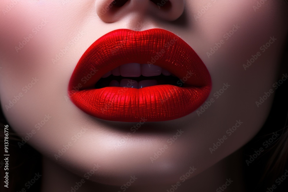 Close-up of a woman's sensual and passionate red lips with vibrant lipstick, showcasing the detailed and shiny beauty of her facial feature in a modern and glamorous fashion and makeup aesthetic Close-up of a woman's sensual and passionate red lips with vibrant lipstick, showcasing the detailed and shiny beauty of her facial feature in a modern and glamorous fashion and makeup aesthetic