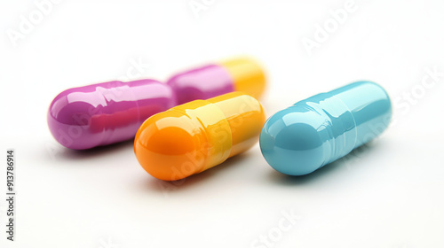 Colorful antibiotic pills, commonly used to treat bacterial infections, are displayed on a white background.