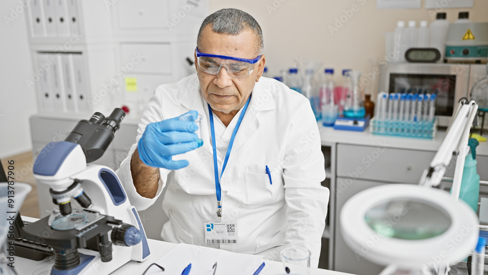 Hispanic man in lab coat examines specimen in a laboratory setting. Hispanic man in lab coat examines specimen in a laboratory setting.