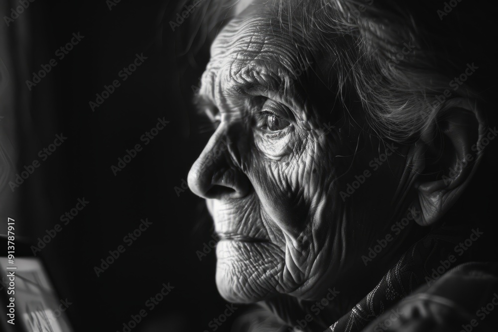 A moody black-and-white close-up of an elderly transgender woman with a contemplative expression, holding a tablet displaying architectural designs, her face partially lit with soft side lighting A moody black-and-white close-up of an elderly transgender woman with a contemplative expression, holding a tablet displaying architectural designs, her face partially lit with soft side lighting