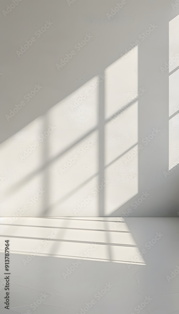 Obraz premium A bright white room with light shining through the window, casting soft shadows on an empty wall. creating an abstract and minimalist background for product display or presentation