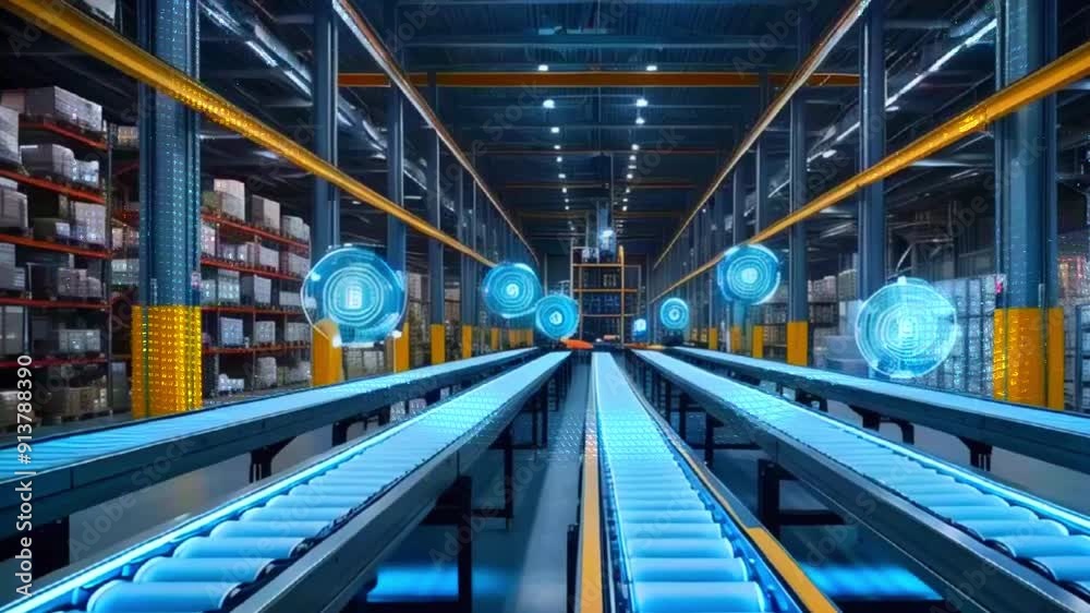 Conveyor belts in a warehouse with blue hologram indicators. Conveyor belts in a warehouse with blue hologram indicators.