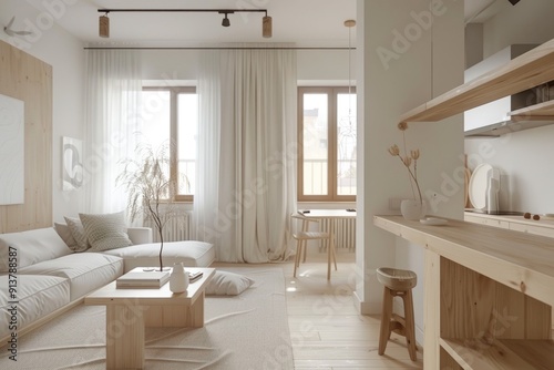 A minimalist interior scene of a compact studio apartment, ingeniously maximizing space with multifunctional furniture and clever design solutions, illuminated by soft natural light