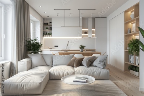 A minimalist interior scene of a compact studio apartment, ingeniously maximizing space with multifunctional furniture and clever design solutions, illuminated by soft natural light