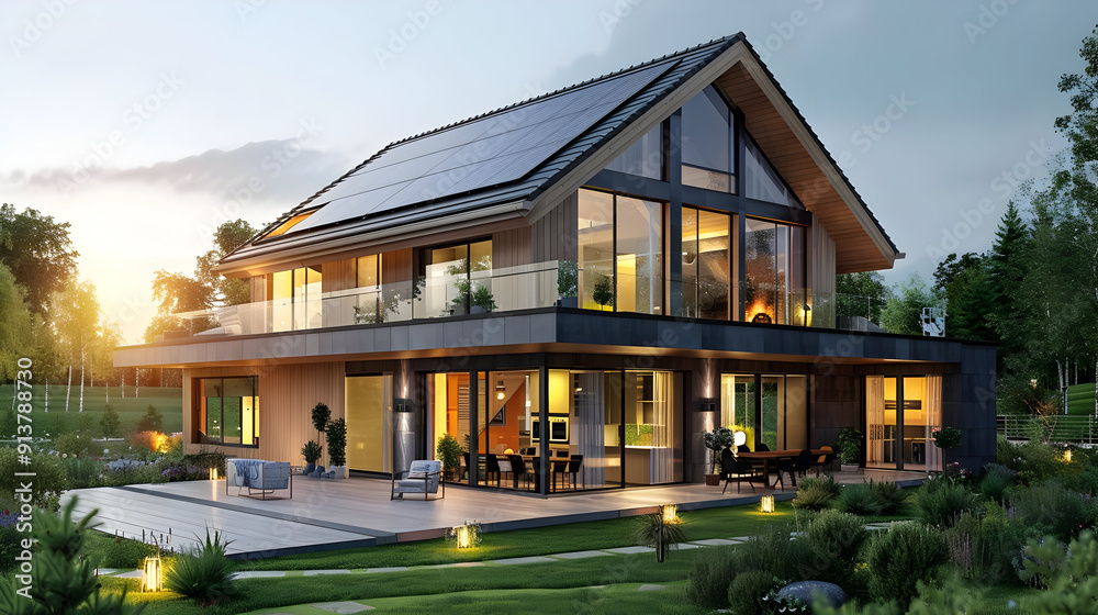 Modern House with Solar Panels 3D Illustration Modern House with Solar Panels 3D Illustration