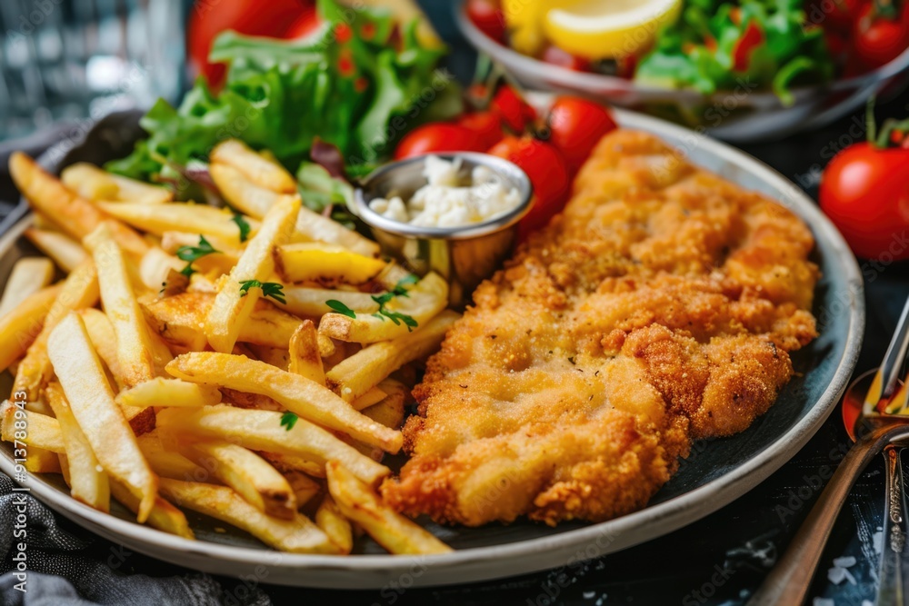 traditional german Schnitzel and french fries on plate traditional german Schnitzel and french fries on plate