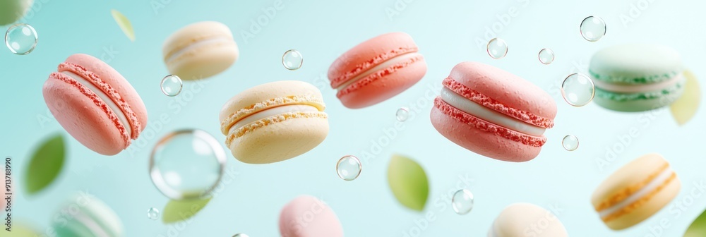 Whimsical Anime-inspired Macarons with Floating Soap Bubbles on Light Background, Generative Ai Whimsical Anime-inspired Macarons with Floating Soap Bubbles on Light Background, Generative Ai