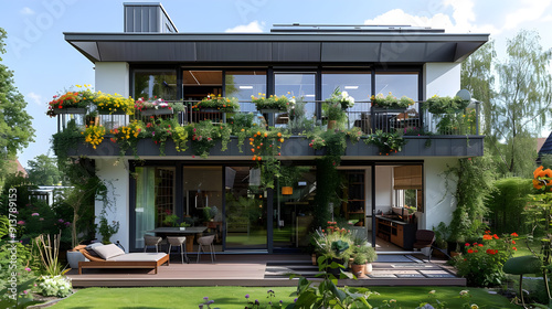 Modern House with Balcony and Lush Greenery - Photo