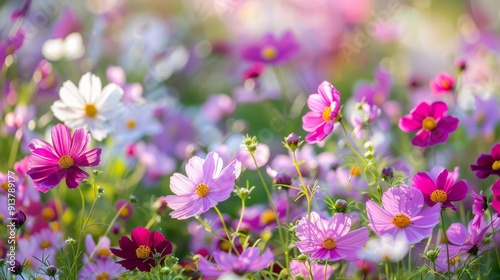  A pink-white flower bed with blurred background of pink and white daisies