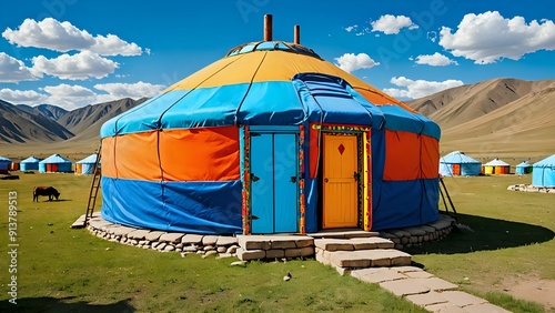 Colorful yurt with blue and orange striped fabric, wooden door and stone steps, against the backdrop of green grass and mountains. photo