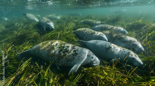 Several manatees peacefully feed on seagrass in a shallow ocean environment with clear blue water. photo