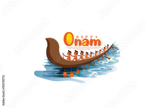 A festive Onam greeting with a yellow circle reading "Happy Onam," a green island with Pookalam, and a snake boat on water.