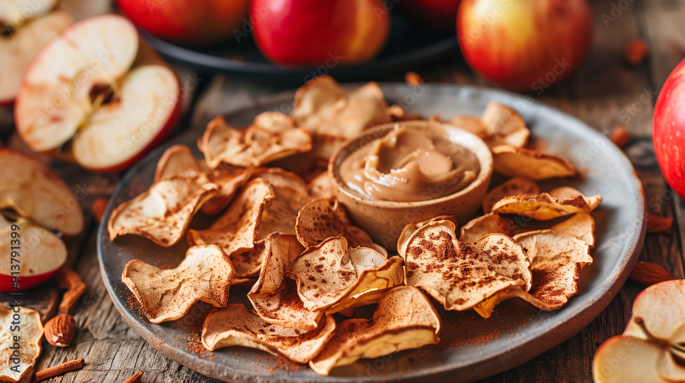 a plate of baked apple chips, dusted with cinnamon and served with a side of almond butter for dipping, set on a rustic wooden table a plate of baked apple chips, dusted with cinnamon and served with a side of almond butter for dipping, set on a rustic wooden table