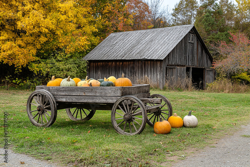 Rustic Autumn Harvest with Pumpkins and Old Wooden Cart   photo