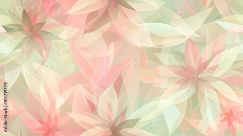 A close-up image of a floral design featuring geometric shapes and pastel colors. The background is a soft, light green, and the design features overlapping pink and white flower shapes. The flowers a