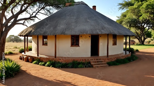 Traditional thatched roof hut in a safari setting with a brick pathway and lush vegetation.