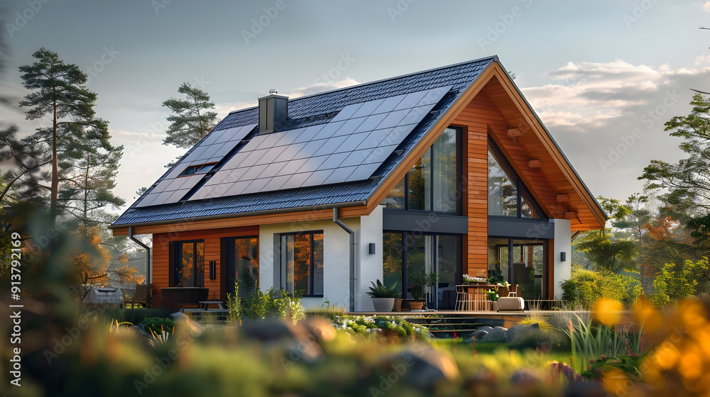 Modern House with Solar Panels Illustration Modern House with Solar Panels Illustration