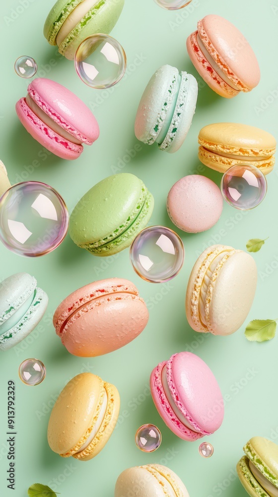 Whimsical Anime-Inspired Scene with Colorful Macarons, Soap Bubbles, and Fresh Green Leaves on Light Background, Generative Ai Whimsical Anime-Inspired Scene with Colorful Macarons, Soap Bubbles, and Fresh Green Leaves on Light Background, Generative Ai