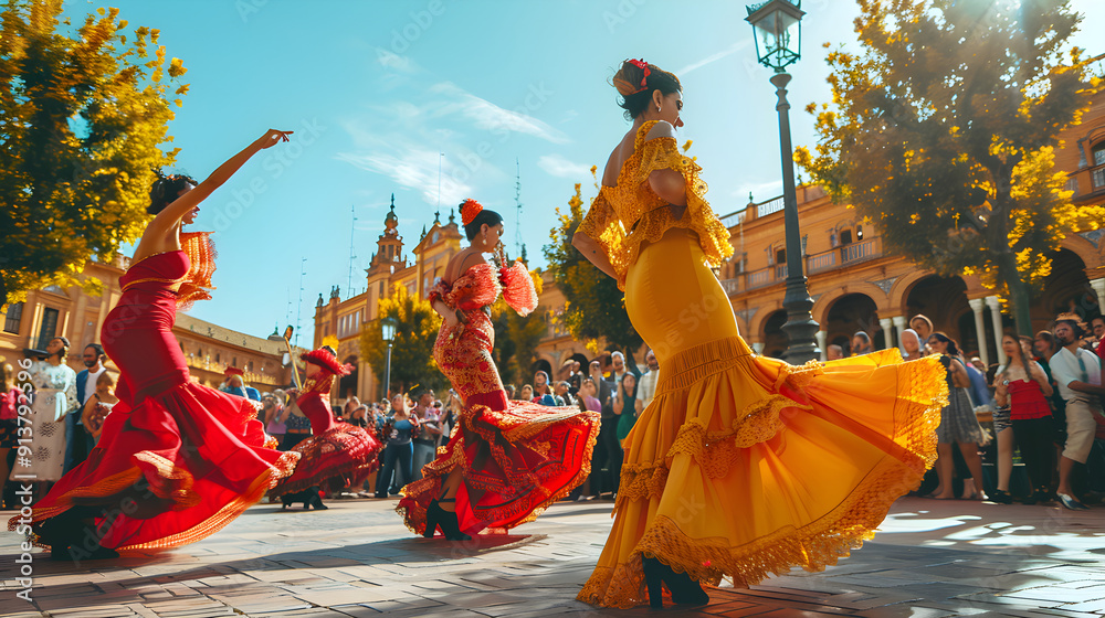 Fototapeta premium Colorful costumes, passionate expressions, intricate footwork - a lively flamenco dance performance in Seville.