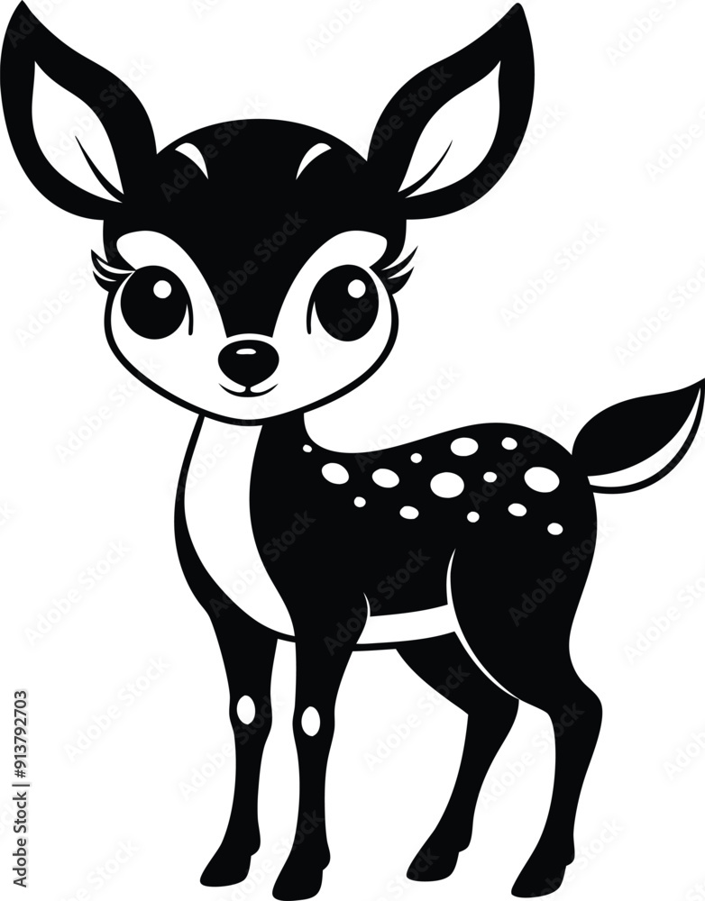 2D Cute Adorable Baby Deer Black and White Silhouette Vector on White Transparent Background for Children's Cartoon Book